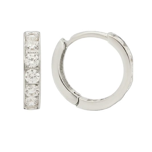 10mm solid gold hoop earrings with channel set clear and colored zircon by Qutahia Jewelry white gold