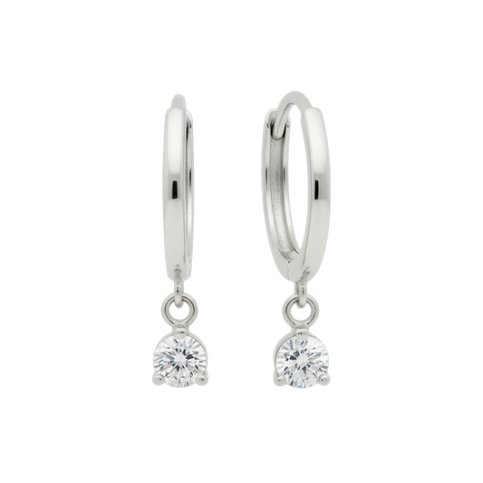 Qutahia Jewelry 14k solid gold dangling huggie earrings with clear claw-set solitaire gemstone.
