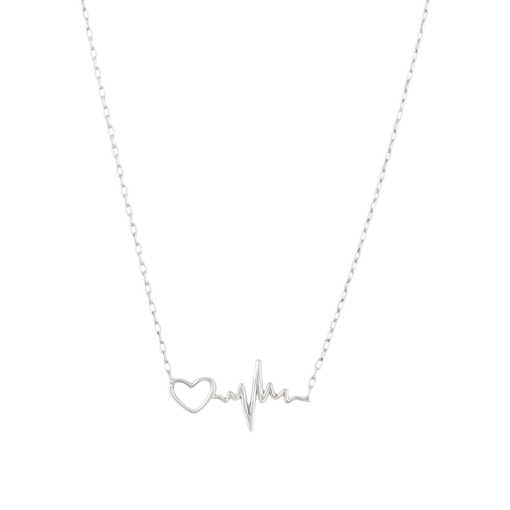 Qutahia Jewelry 14k solid yellow gold minimalist heartbeat necklace with EKG and heart pendant.
