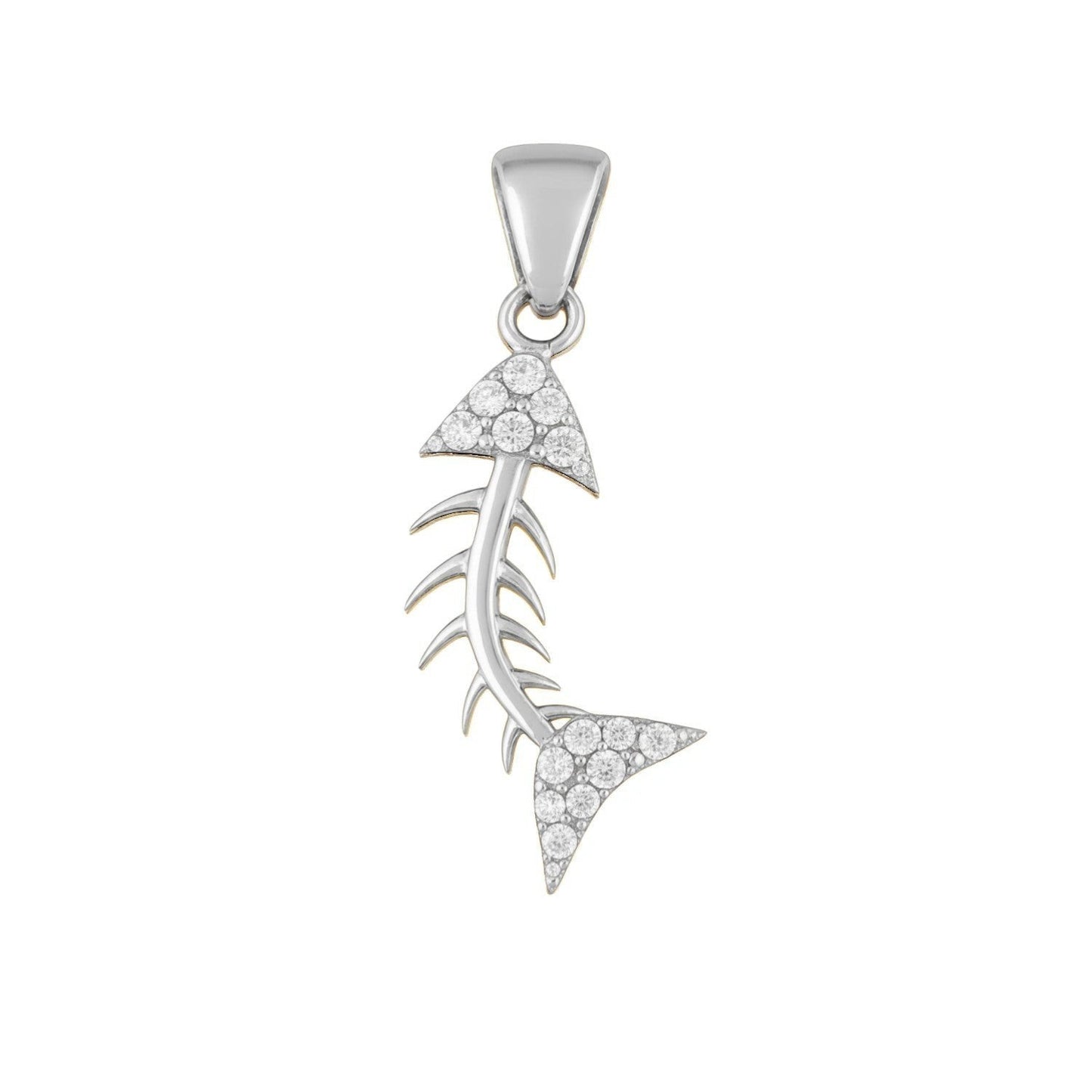 Qutahia Jewelry solid gold fish skeleton pendant with cubic zirconia accents.