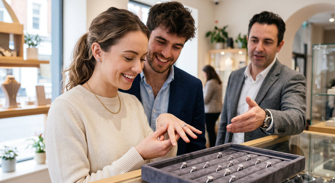 Couple choosing an engagement ring together in a jewellery workshop
