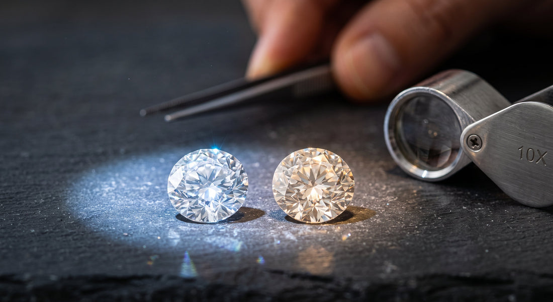 Close-up comparison of a lab grown diamond and a natural diamond