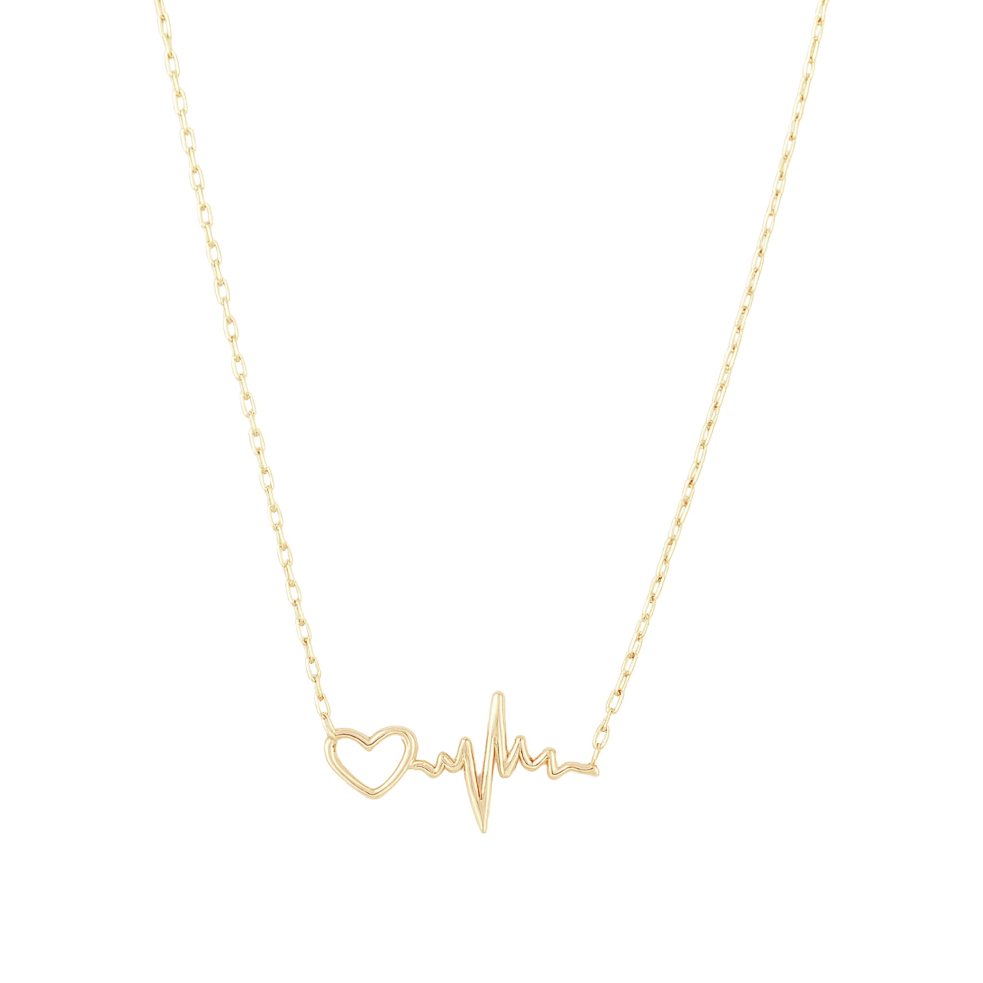 14k solid yellow gold heartbeat and heart pattern necklace on a white background by Qutahia Jewelry