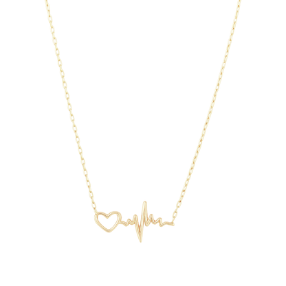 14k solid yellow gold heartbeat and heart pattern necklace on a white background by Qutahia Jewelry