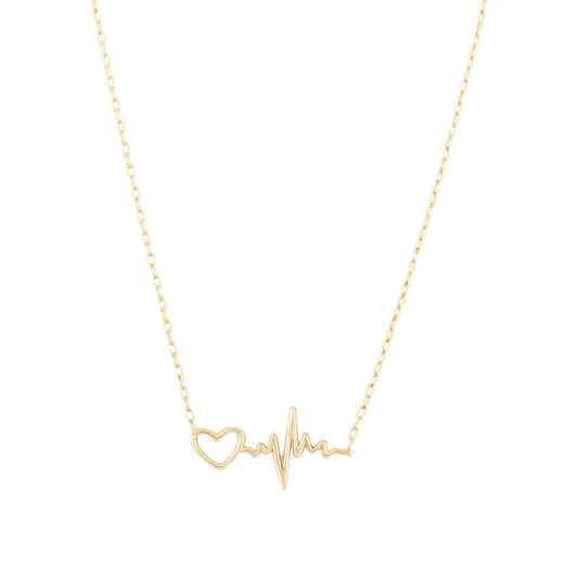 14k solid yellow gold heartbeat and heart pattern necklace on a white background by Qutahia Jewelry