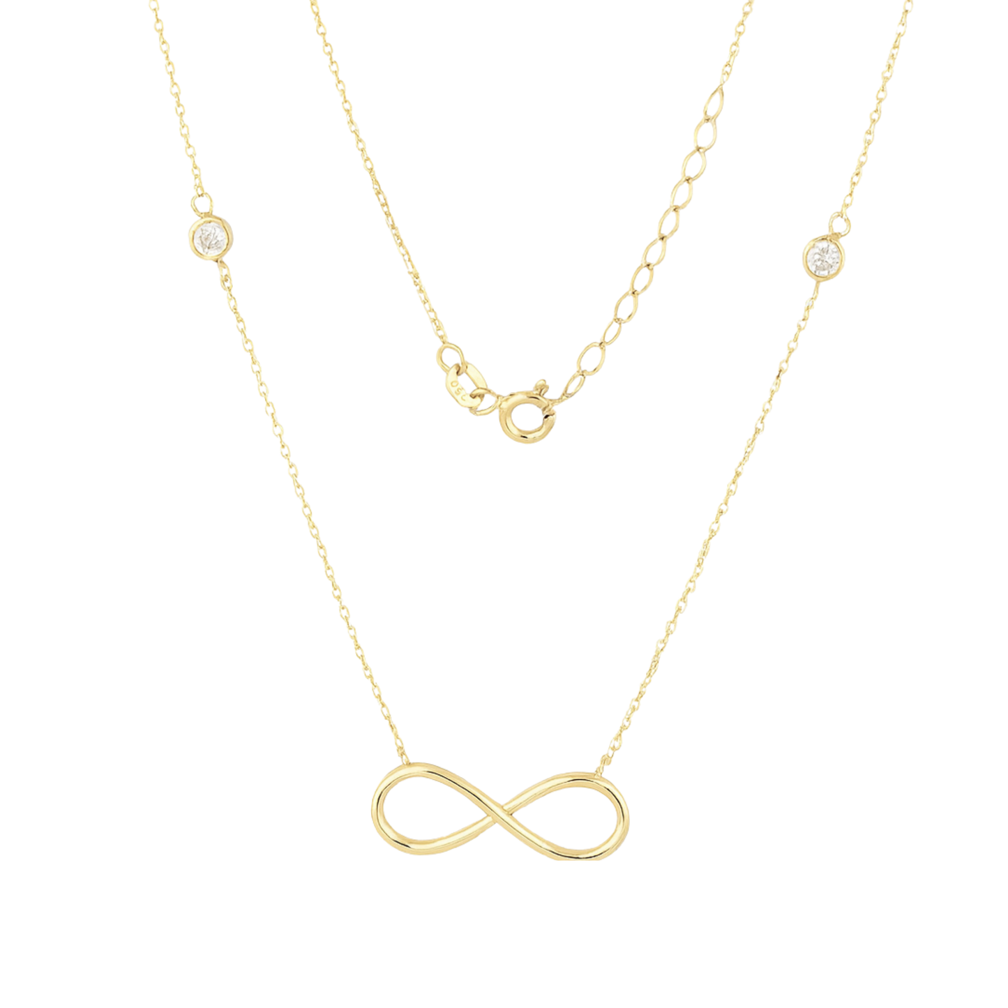 14k solid yellow gold infinity necklace with bezel set zircon on a white background by Qutahia Jewelry