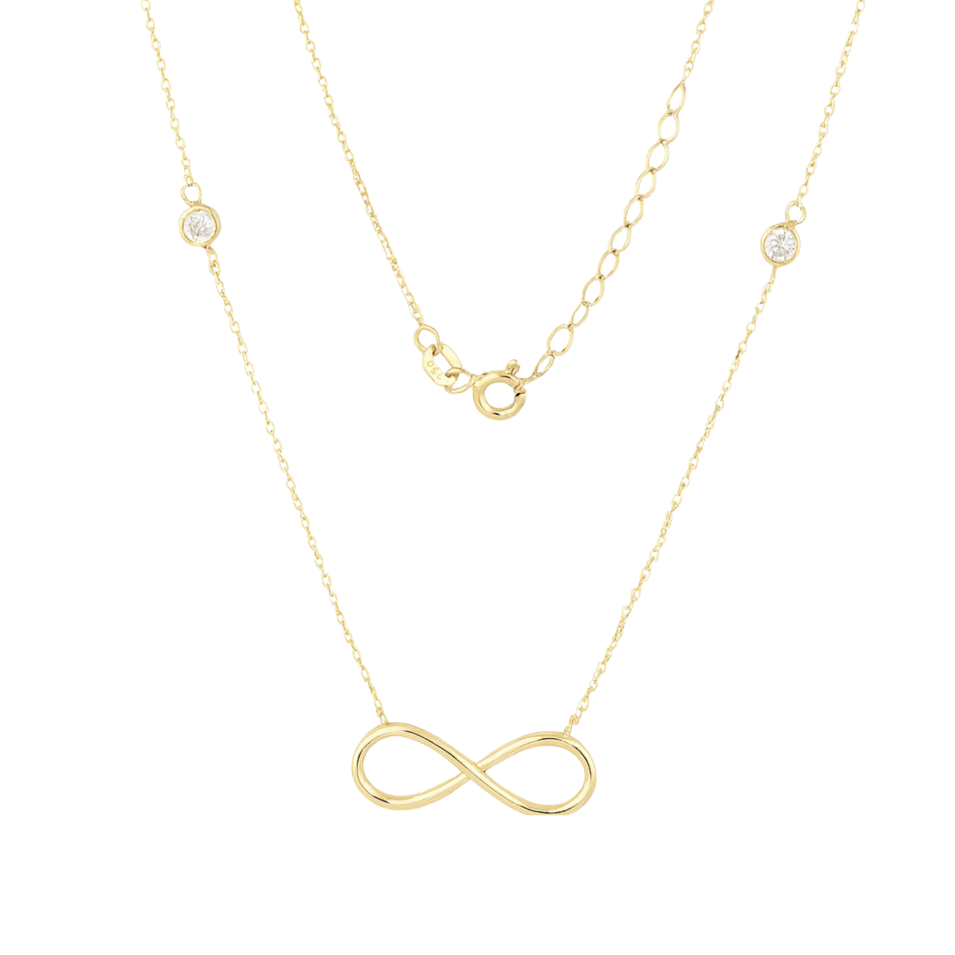 14k solid yellow gold infinity necklace with bezel set zircon on a white background by Qutahia Jewelry
