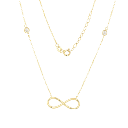 14k solid yellow gold infinity necklace with bezel set zircon on a white background by Qutahia Jewelry