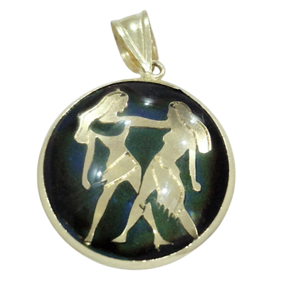 14K Gemini Gold Zodiac Pendant | Changing Color Mood Stone | Qutahia Jewelry