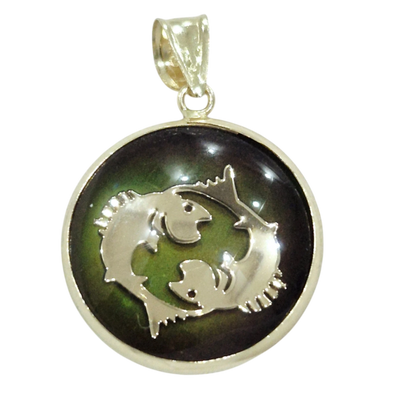 14K Pisces Gold Zodiac Pendant | Changing Color Mood Stone | Qutahia Jewelry