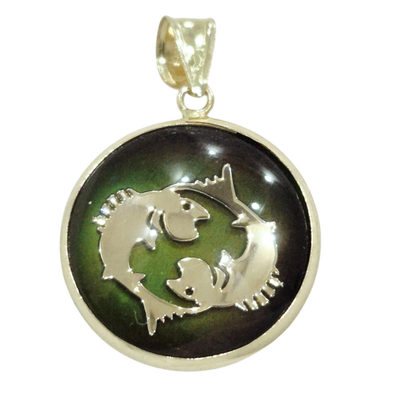 14K Pisces Gold Zodiac Pendant | Changing Color Mood Stone | Qutahia Jewelry