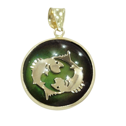 14K Pisces Gold Zodiac Pendant | Changing Color Mood Stone | Qutahia Jewelry