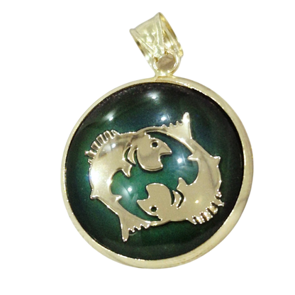 14K Pisces Gold Zodiac Pendant | Changing Color Mood Stone | Qutahia Jewelry
