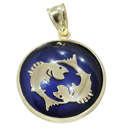 14K Pisces Gold Zodiac Pendant | Changing Color Mood Stone | Qutahia Jewelry