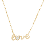 14k solid gold script necklace with love heart sentiment on a white background by Qutahia Jewelry