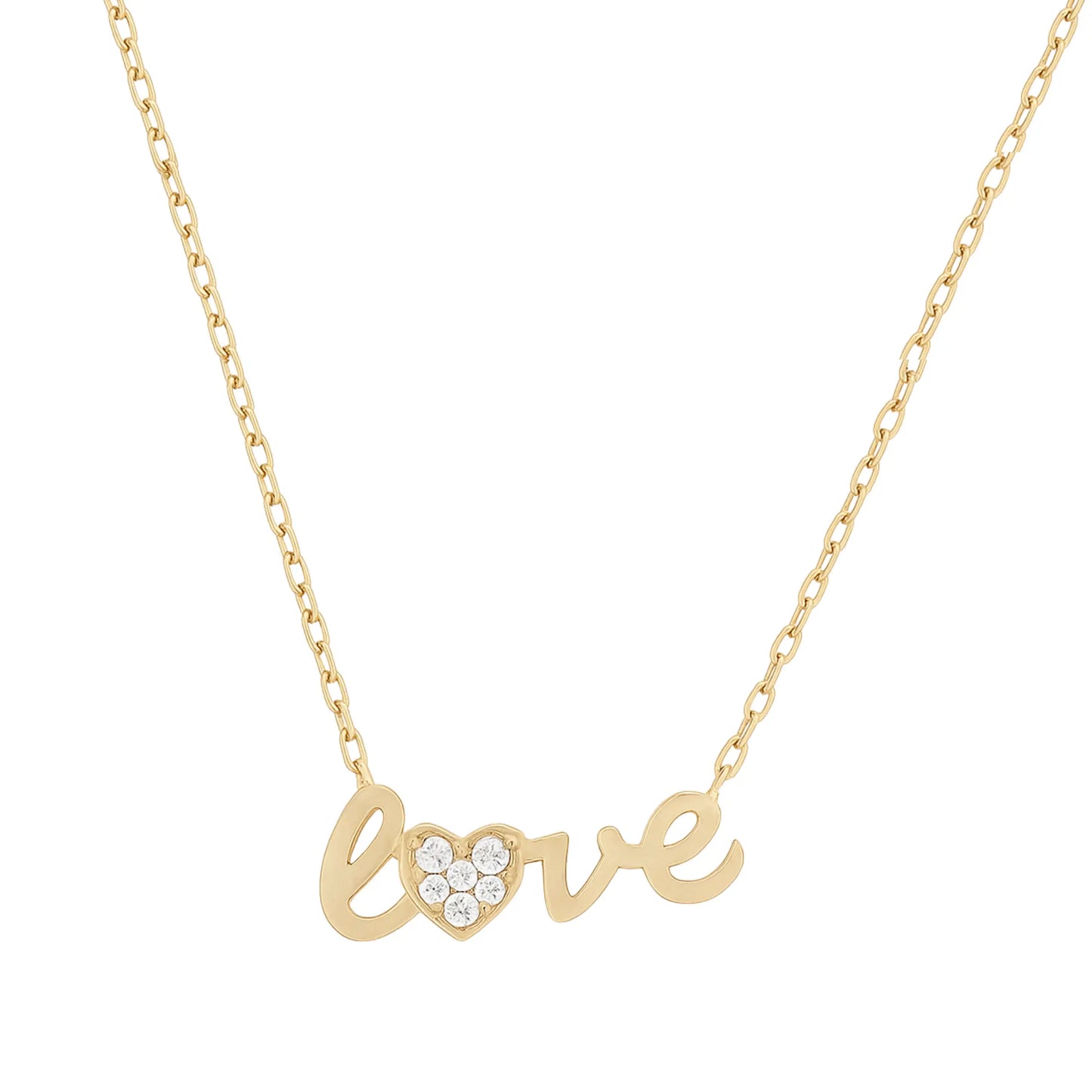 14k solid gold script necklace with love heart sentiment on a white background by Qutahia Jewelry