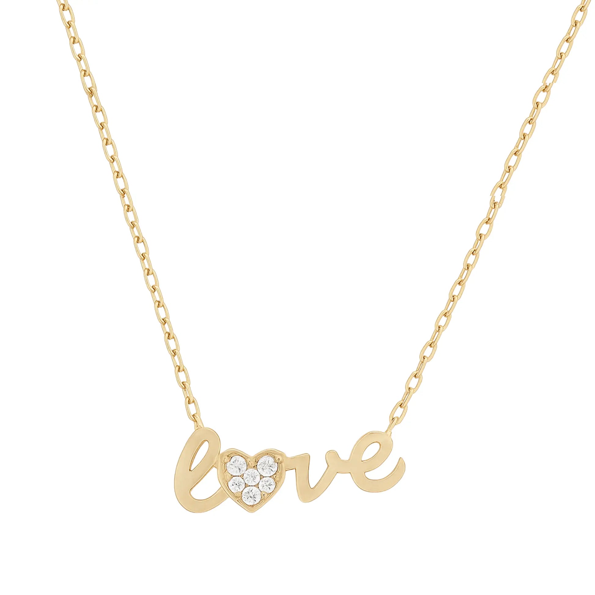 14k solid gold script necklace with love heart sentiment on a white background by Qutahia Jewelry