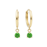 14k Solid Gold Dangling Huggie Earrings with Solitaire Claw Setting by Qutahia Jewelry.