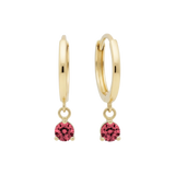 14k Solid Gold Dangling Huggie Earrings with Solitaire Claw Setting by Qutahia Jewelry.