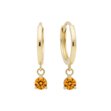 14k Solid Gold Dangling Huggie Earrings with Solitaire Claw Setting by Qutahia Jewelry.