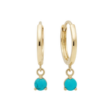 14k Solid Gold Dangling Huggie Earrings with Solitaire Claw Setting by Qutahia Jewelry.
