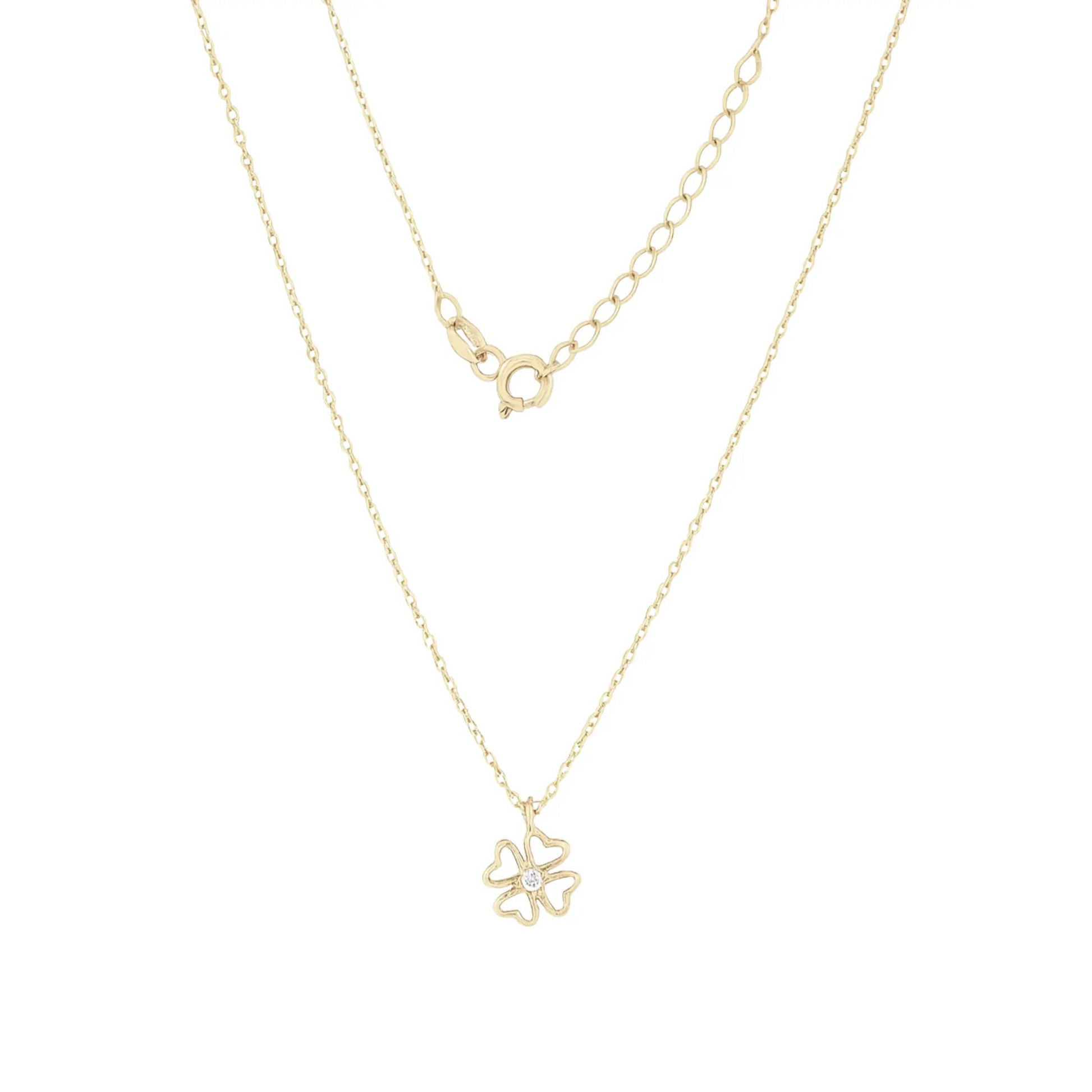 Solid 9ct and 14k Gold Clover Pendant Necklace with Clear Zircon by Qutahia Jewelry
Close-up of Handmade Yellow Gold Clover Pendant Necklace by Qutahia Jewelry
Minimalist Clover Pendant Necklace on 45cm Gold Chain by Qutahia Jewelry