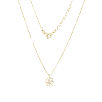 Solid 9ct and 14k Gold Clover Pendant Necklace with Clear Zircon by Qutahia Jewelry
Close-up of Handmade Yellow Gold Clover Pendant Necklace by Qutahia Jewelry
Minimalist Clover Pendant Necklace on 45cm Gold Chain by Qutahia Jewelry