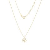 Solid 9ct and 14k Gold Clover Pendant Necklace with Clear Zircon by Qutahia Jewelry
Close-up of Handmade Yellow Gold Clover Pendant Necklace by Qutahia Jewelry
Minimalist Clover Pendant Necklace on 45cm Gold Chain by Qutahia Jewelry