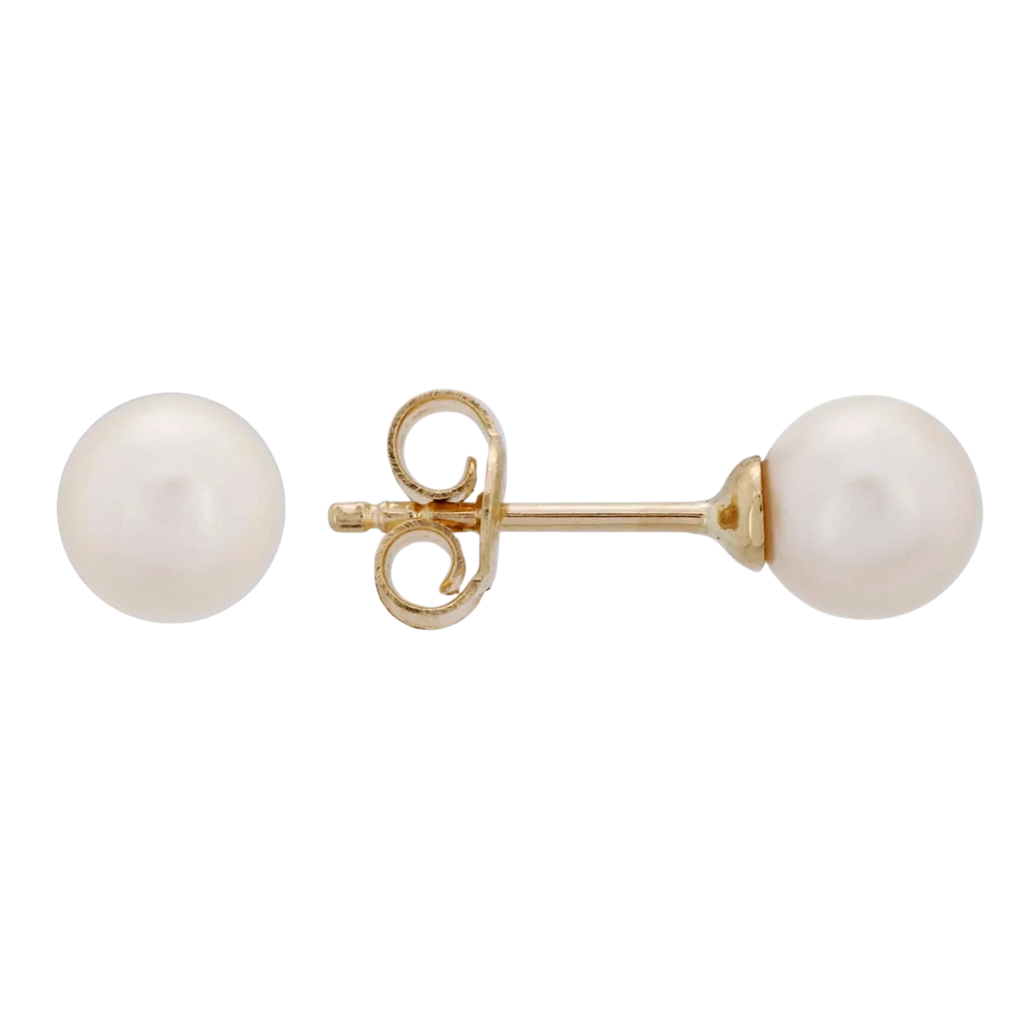 14k solid gold natural pearl stud earrings on a white background by Qutahia Jewelry