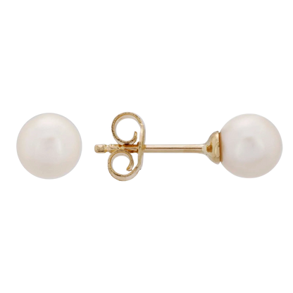 14k solid gold natural pearl stud earrings on a white background by Qutahia Jewelry