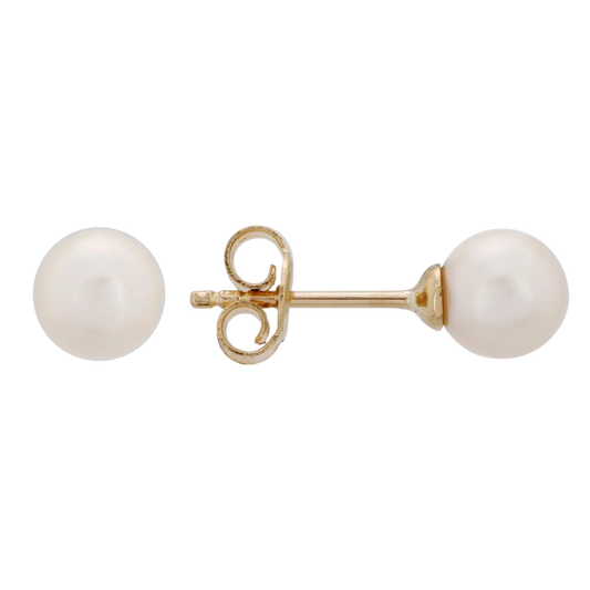 14k solid gold natural pearl stud earrings on a white background by Qutahia Jewelry