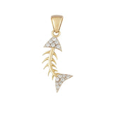 Solid 14k fish pendant gold bone charm with cubic zirconia by Qutahia Jewelry