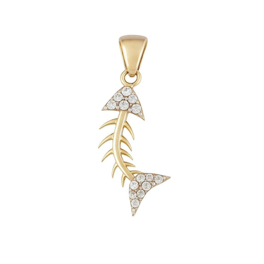 Solid 14k fish pendant gold bone charm with cubic zirconia by Qutahia Jewelry