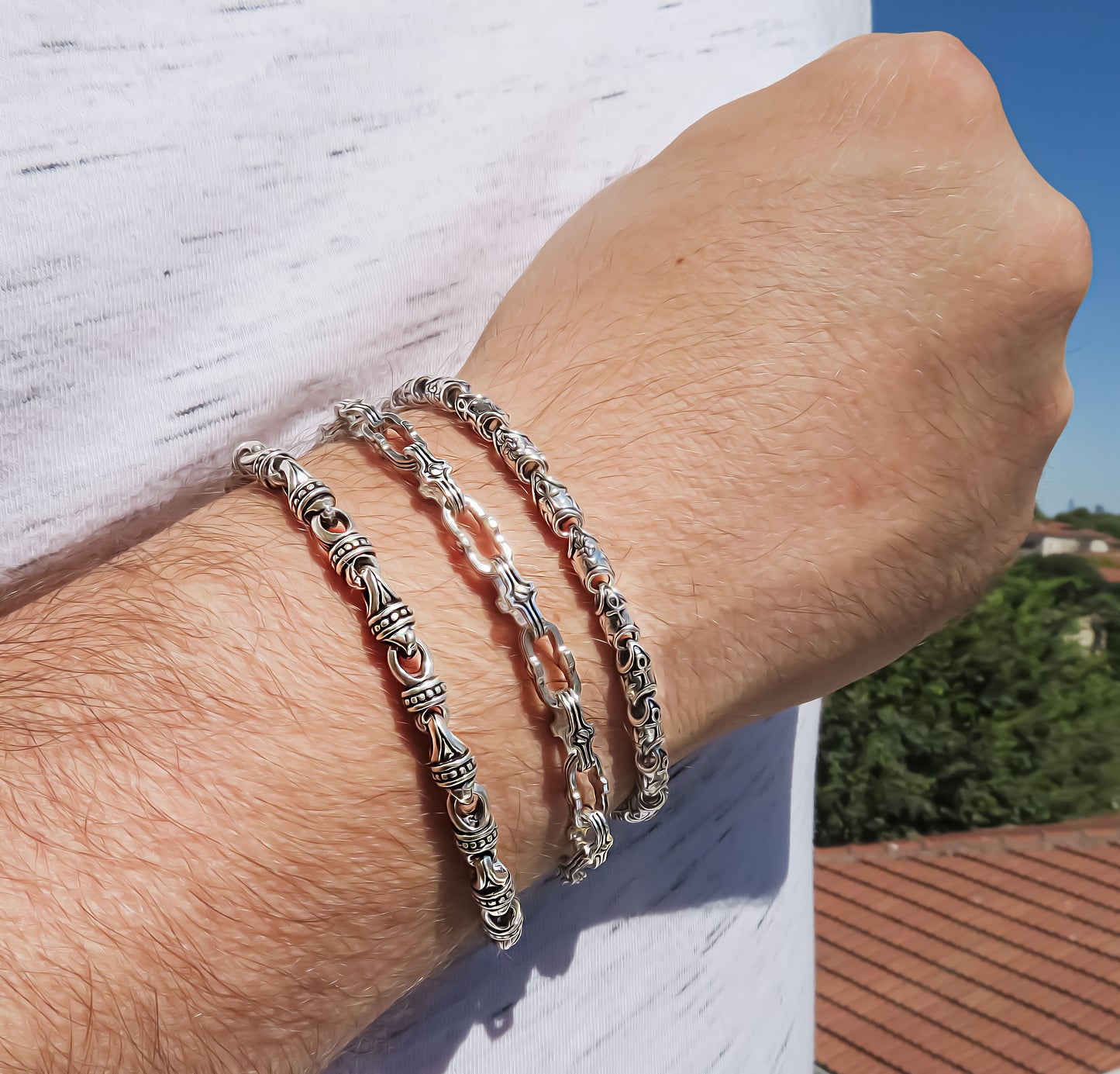 Gents Silver Bracelet | Ancient Ankh & Floral Solid Sterling Link | Qutahia Jewellery