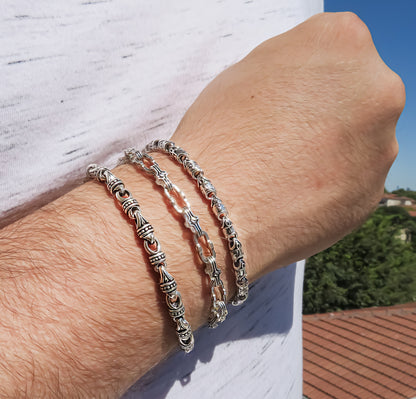 Gents Silver Bracelet | Ancient Ankh & Floral Solid Sterling Link | Qutahia Jewellery