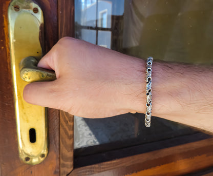Gents Silver Bracelet | Ancient Ankh & Floral Solid Sterling Link | Qutahia Jewellery
