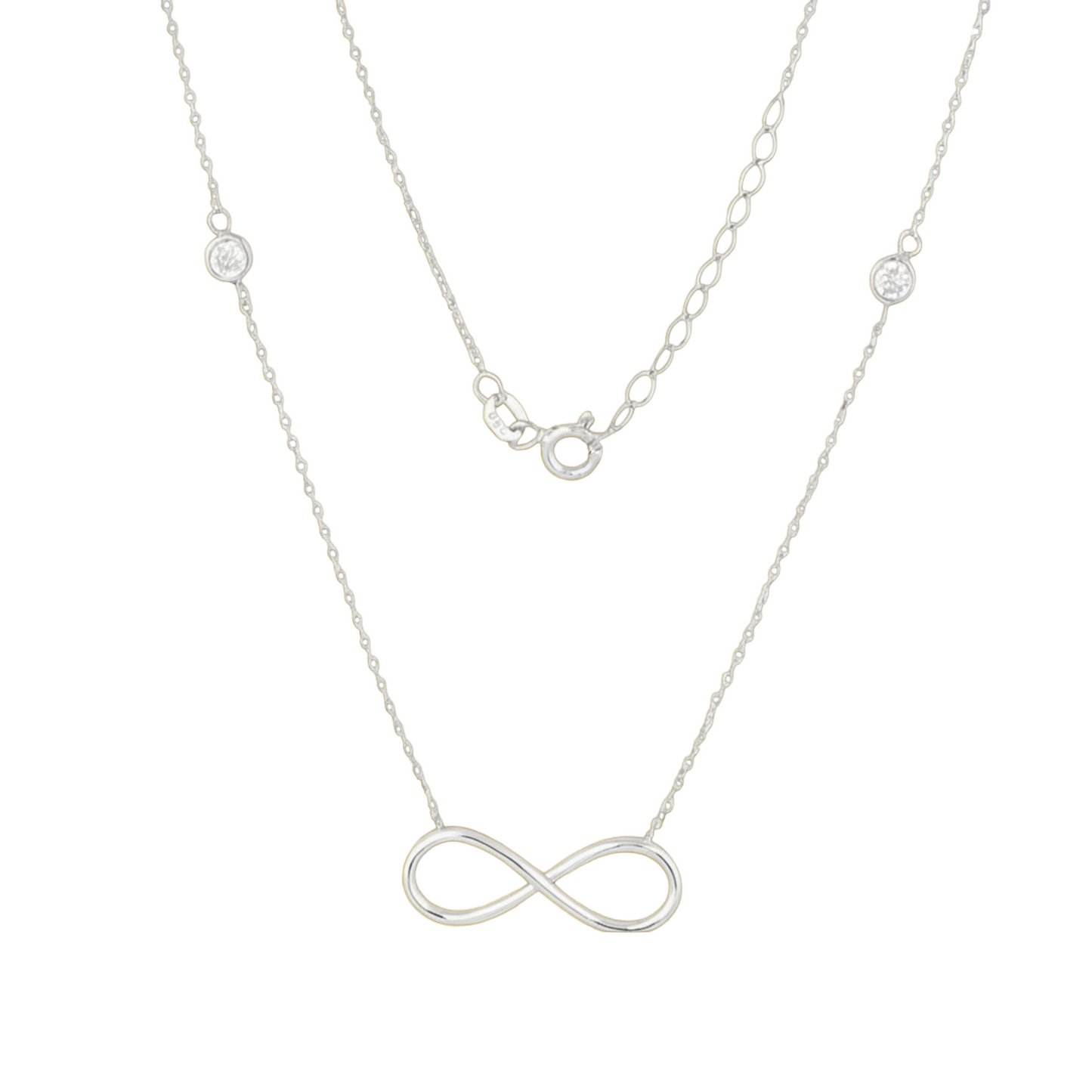 Qutahia Jewelry 14k yellow gold infinity necklace with bezel-set clear zircon and delicate chain.