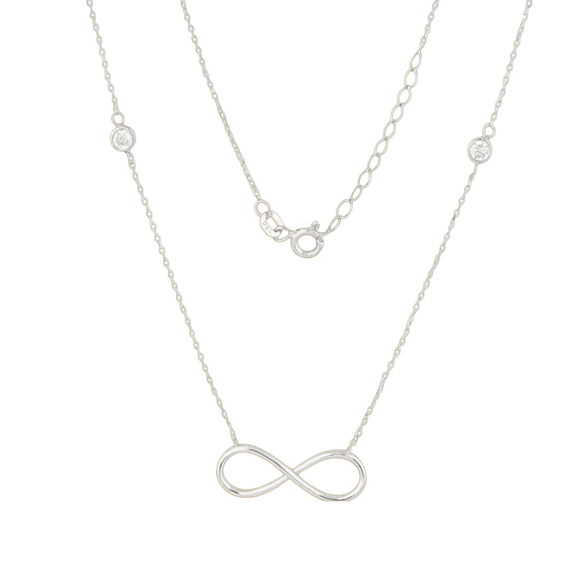 Qutahia Jewelry 14k yellow gold infinity necklace with bezel-set clear zircon and delicate chain.