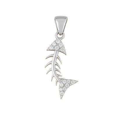 Qutahia Jewelry solid gold fish skeleton pendant with cubic zirconia accents.