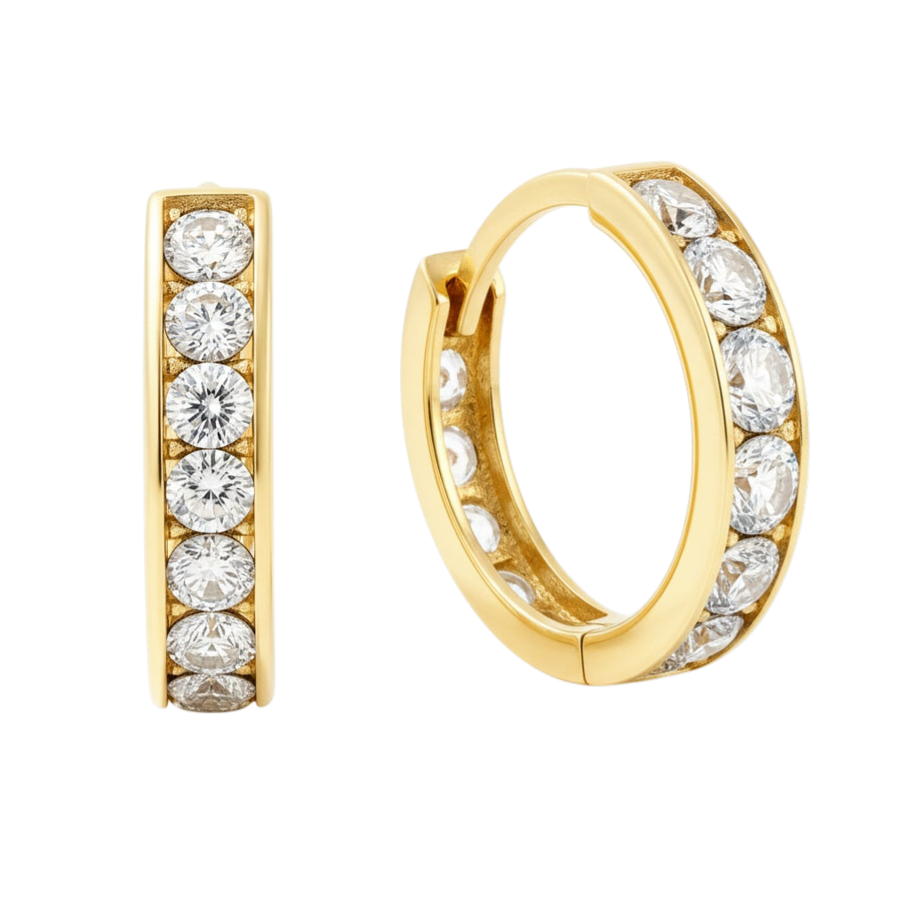 10mm solid gold hoop earrings with channel set clear and colored zircon by Qutahia Jewelry