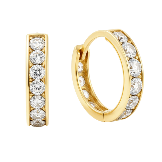 10mm solid gold hoop earrings with channel set clear and colored zircon by Qutahia Jewelry